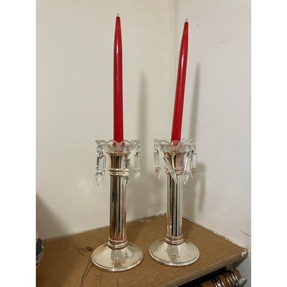 Two Candlesticks 11" Tall Mercury Chrome & Glass Vintage Candles Included - Picture 2 of 5